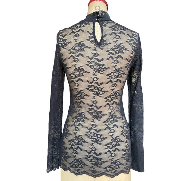 Forever 21 Womens Blouse Black Floral Lace Mesh Sheer Long Sleeves Mock Neck S - Picture 6 of 8